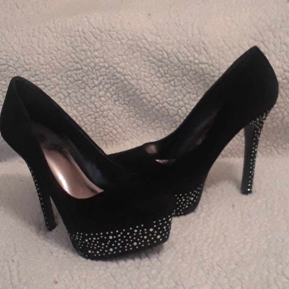 D black suede pumps with rhinestones